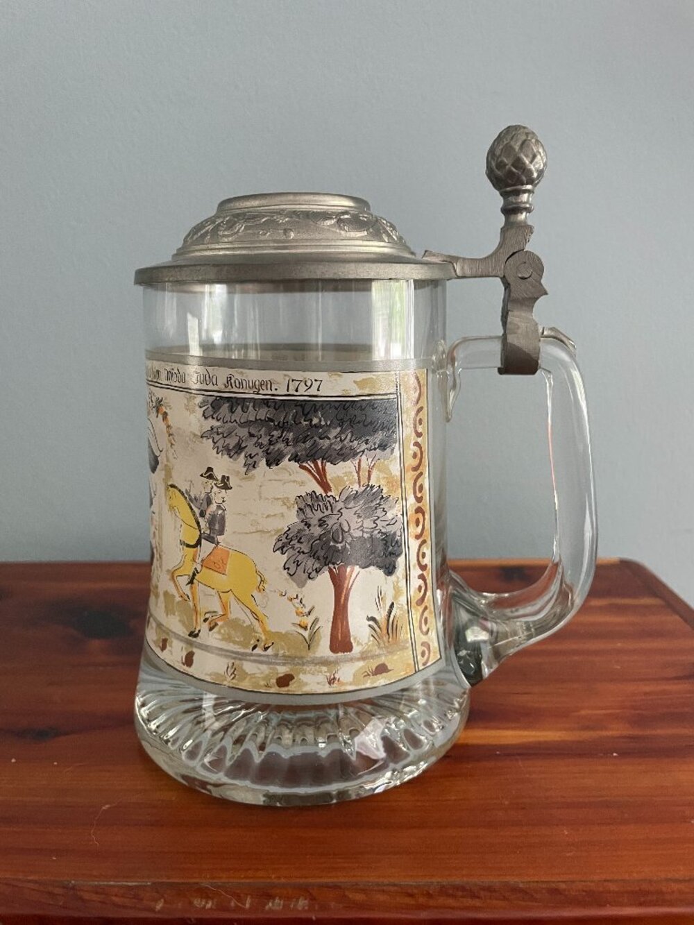 Vintage Beer Stein Painted Horses Woman House Village Trees Pewter Lid
